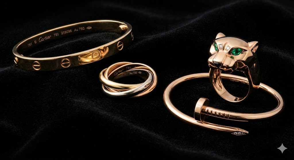 Cartier Love collection display featuring iconic jewelry pieces in gold with diamond and gemstone elements