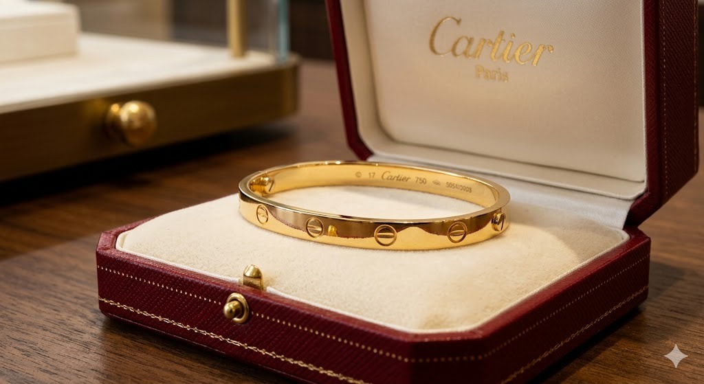 Cartier brand showcase in signature Cartier red and warm gold tones with luxury jewelry motifs representing the Maison de Haute Joaillerie