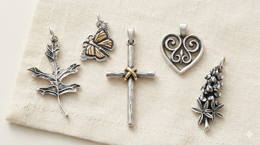 James Avery faith and devotion charms collection display featuring jewelry pieces in sterling silver and antique gold tones