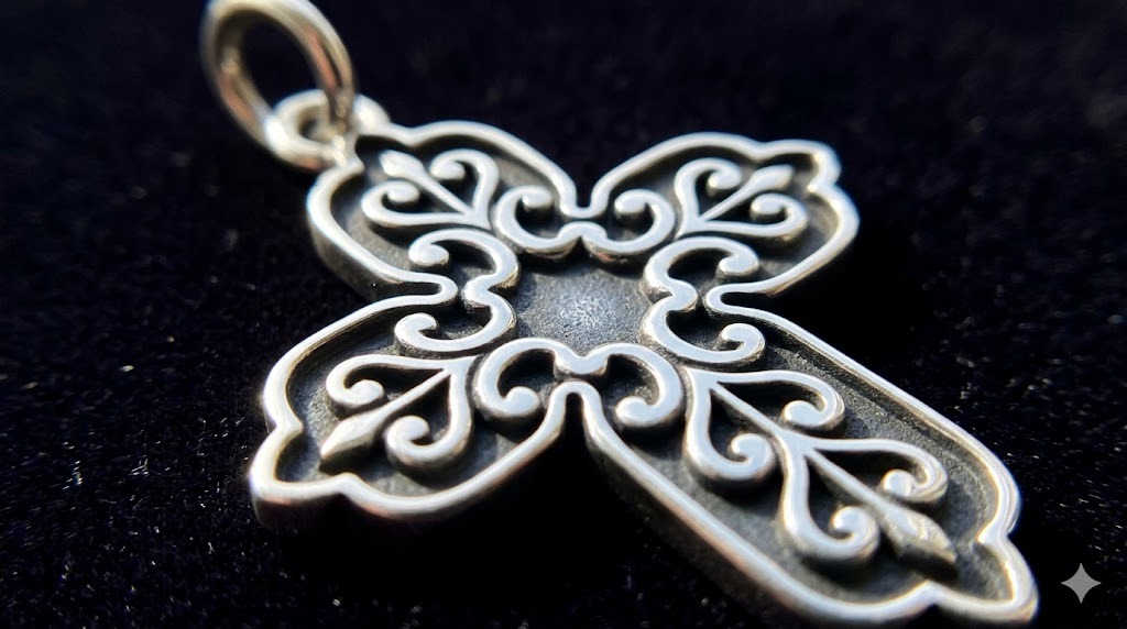 James Avery artisan sterling silver cross charm detail view with ornate gold work and craftsmanship elements