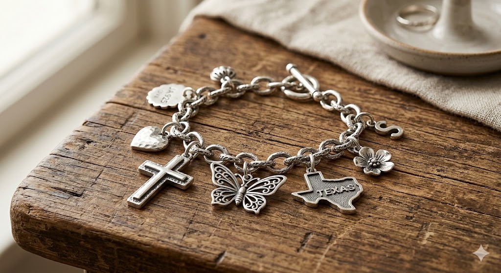 James Avery brand showcase in warm bronze and earth tones with cross and faith-inspired motifs representing artisan craftsmanship heritage
