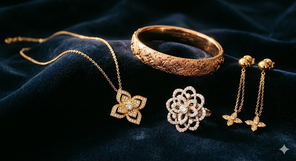 Louis Vuitton monogram jewelry collection display featuring iconic LV pendants and Blooming collection pieces in warm gold tones