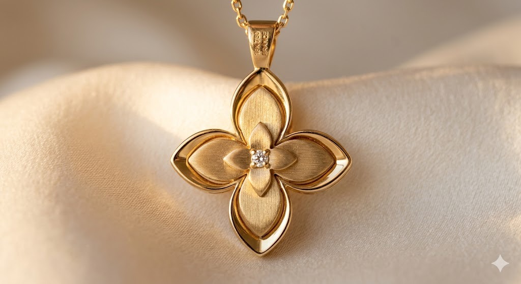 Louis Vuitton iconic pendants detail view featuring monogram flower pattern with layered gold and brown design elements