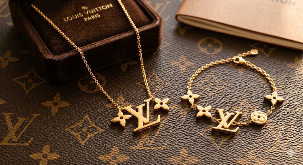 Louis Vuitton brand showcase in signature LV brown and gold tones with monogram flower motifs representing L'Art du Voyage jewelry heritage