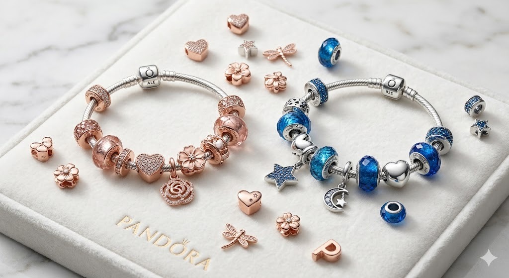 Pandora charm bracelets and pendants collection display featuring jewelry pieces in rose gold and sterling silver tones