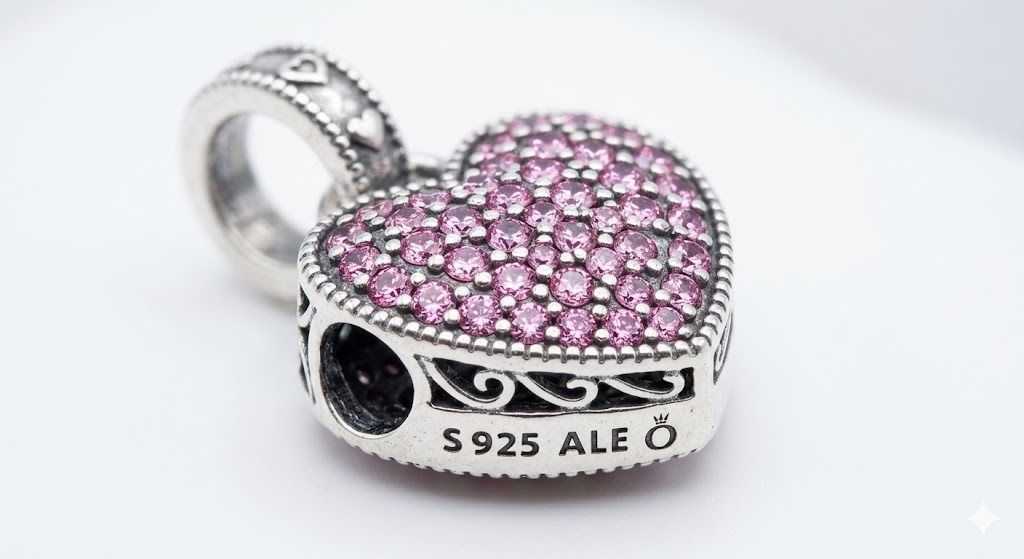 Pandora iconic moments charms detail view featuring charm bracelet design elements with rose gold accents and sparkle highlights