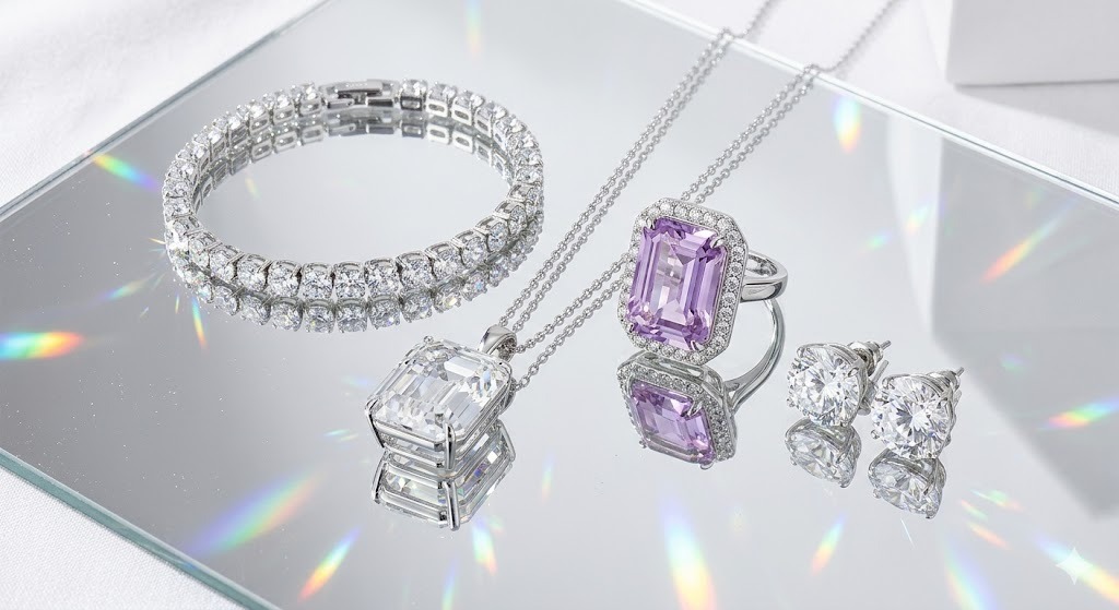 Swarovski sparkling crystal charms collection display featuring Aurora Borealis pieces in purple and champagne tones