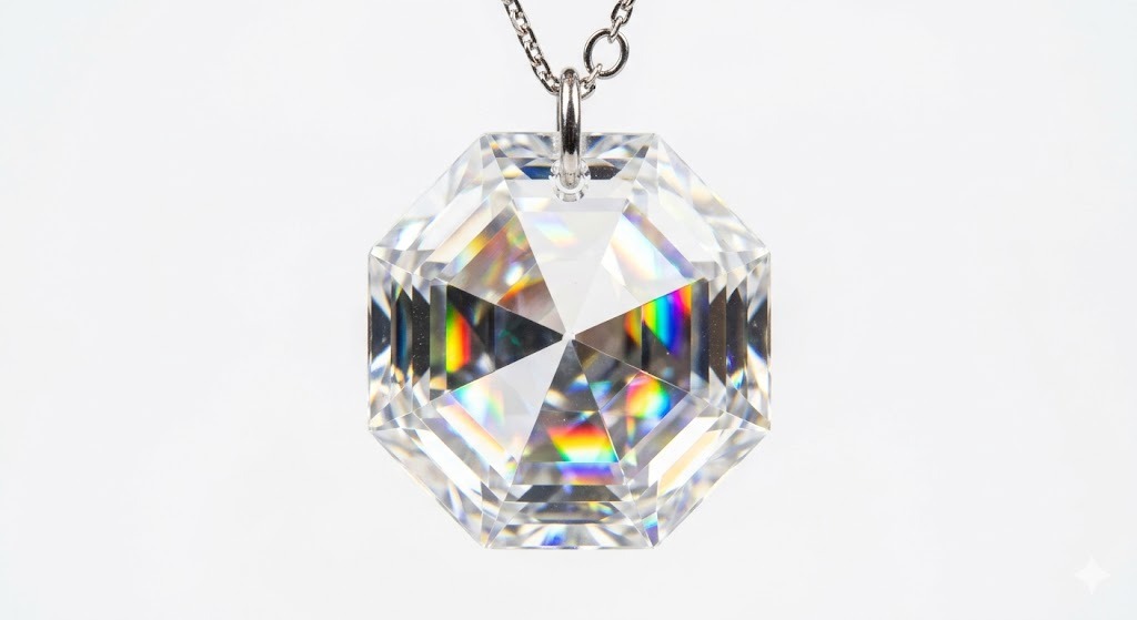 Swarovski precision-cut pendants detail view featuring eight-pointed crystal star design with facet lines and inner glow effect