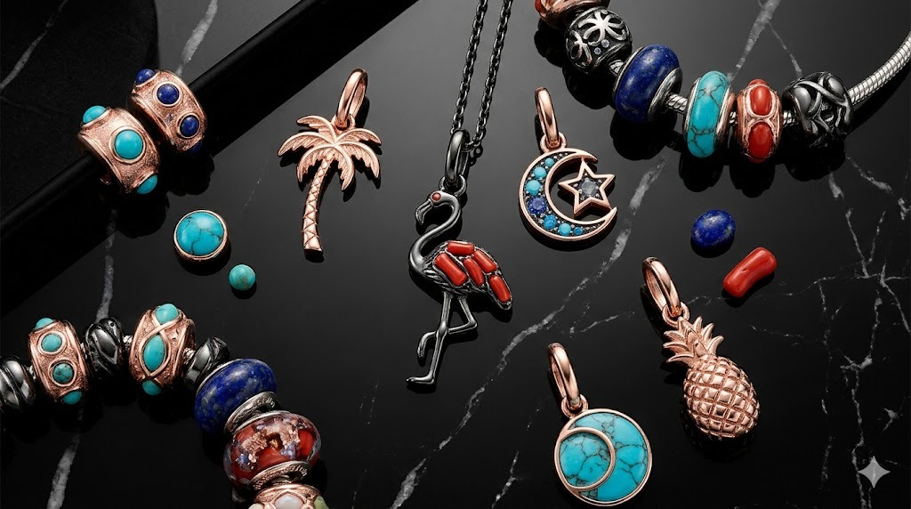 Thomas Sabo Karma Beads collection display featuring jewelry pieces in blackened silver with bold design elements