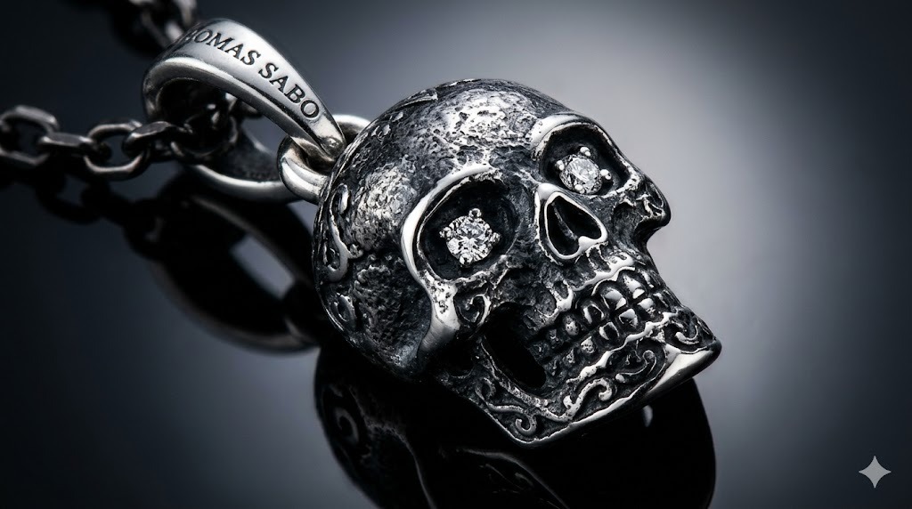 Thomas Sabo sterling silver and onyx charm detail view with star cross motif and silver sparkle accents