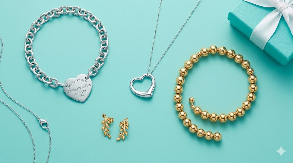 Tiffany and Co Return to Tiffany collection display featuring sterling silver and enamel jewelry pieces in signature Tiffany Blue