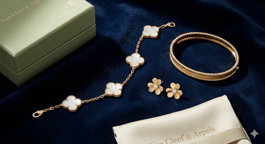 Van Cleef and Arpels Alhambra collection display featuring jewelry pieces in rich gold and mother-of-pearl inspired tones