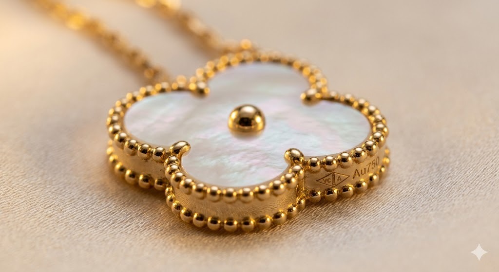 Van Cleef and Arpels fine jewelry heritage detail view featuring iconic four-leaf Alhambra clover in gold with sage green accents