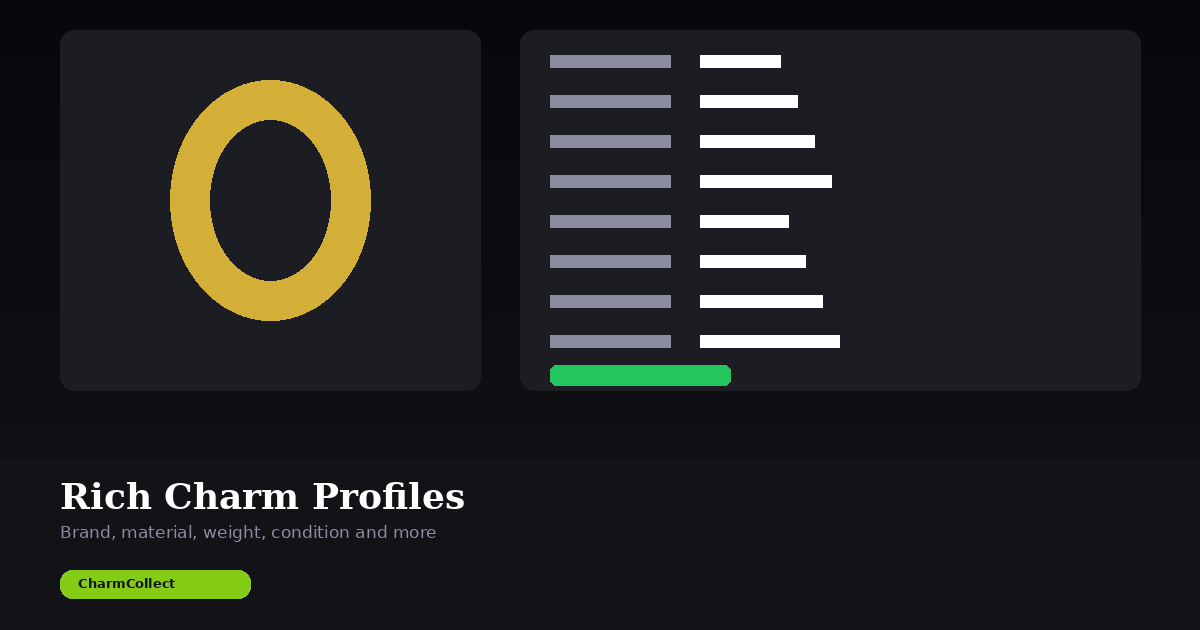 Detailed charm profile view showing brand, material, weight, condition, purchase date, and current market value fields