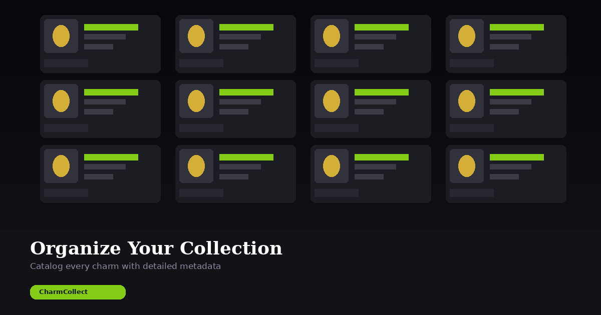 CharmCollect collection tracking dashboard showing organized charm cards with brand, material, and value information