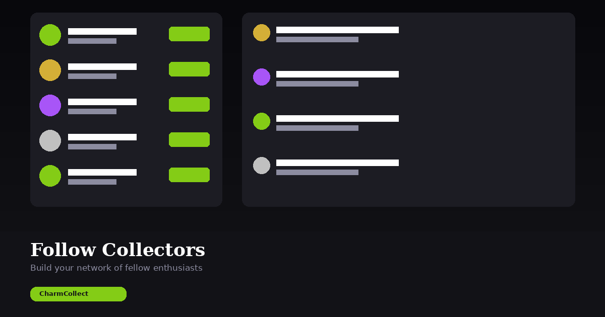 CharmCollect community features showing seller profiles with follow buttons and an activity feed of new listings and collections