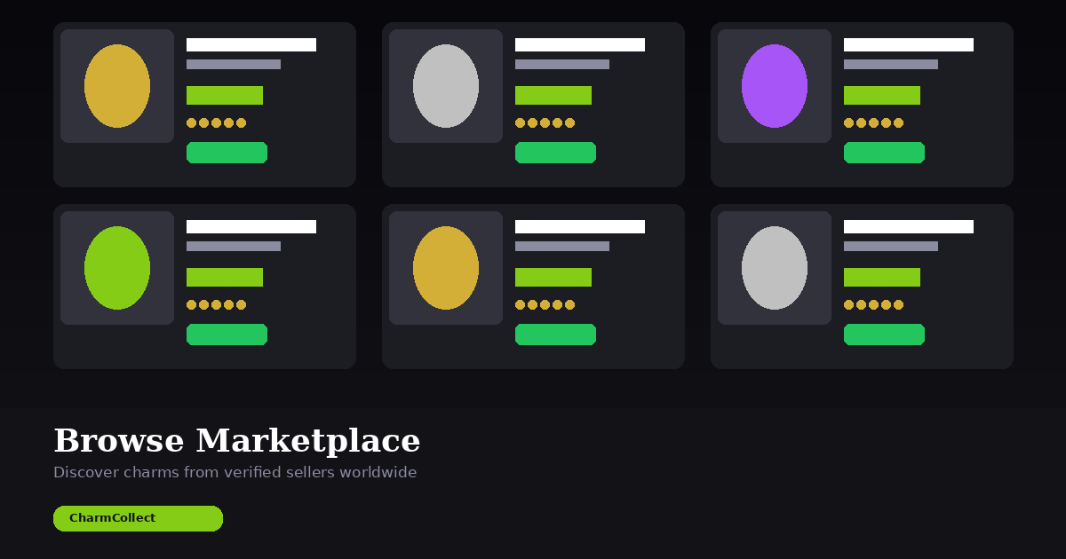 CharmCollect marketplace showing luxury charm listings with seller ratings, condition badges, and pricing from verified sellers