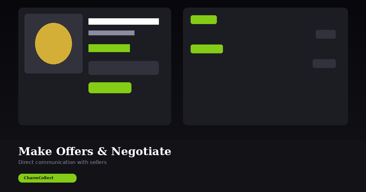 CharmCollect offer and negotiation interface showing charm details, offer input, and direct messaging between buyer and seller